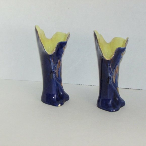 2 Antique Vases JACK-IN-THE PULPIT Ceramic Hand Painted Cobalt Blue Gold Vintage - Picture 6 of 10